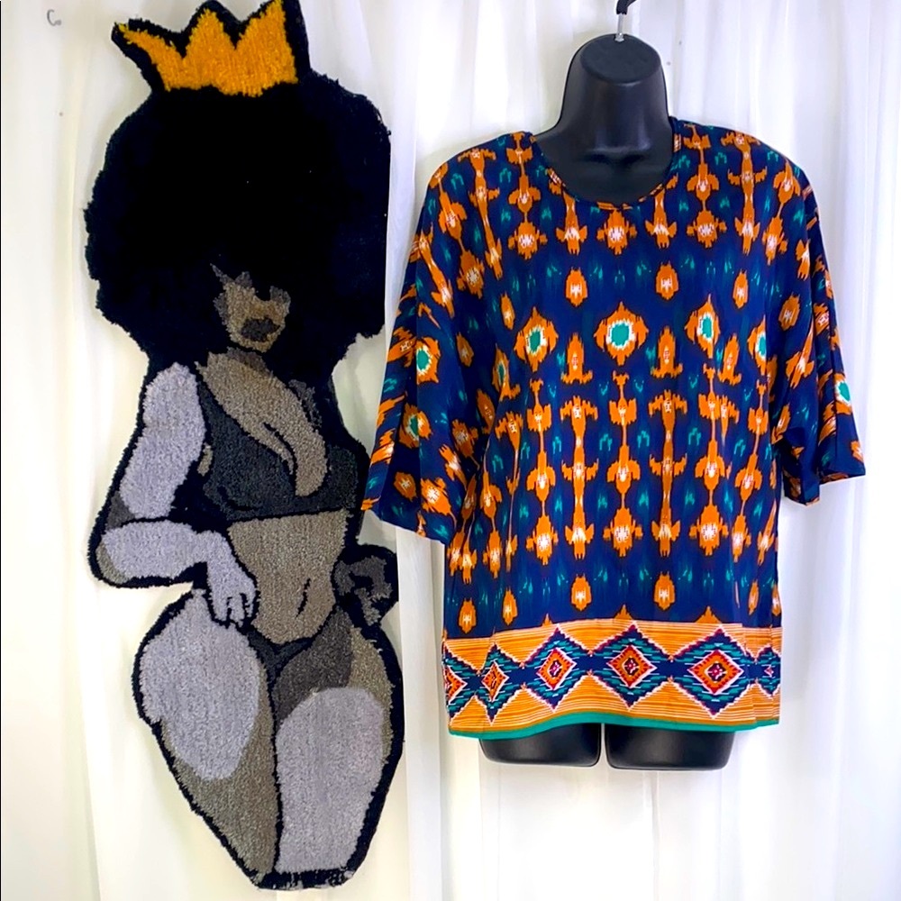 Orange and Blue Graphic Short Sleeve Blouse